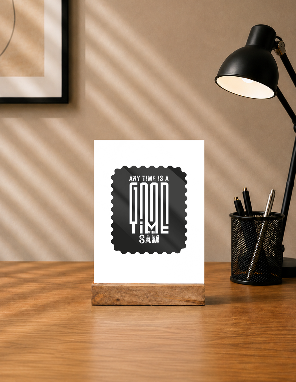 Acrylic Photo Frame | 5x7 Tabletop Display | UV Printed Acrylic & Wood Stand | Personalized Gift & Home Decor | Personalized | Typographic | Friendship | Everyday | Joyful | Cherished Company - front - mockup 1