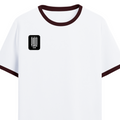 Ringer T-shirt | Unisex | DTG Print | Contrast Trim | Men's, Women's | Personalized | DTG | Typographic | Friendship | Everyday | Joyful | Cherished Company - right pocket - Maroon off white - mockup 4