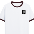 Ringer T-shirt | Unisex Regular Fit | 100% Cotton DTF/DTG | Contrast Rib Neck Bio Washed Pre-Shrunk | Adults | Personalized | DTF | Typographic | Friendship | Everyday | Joyful | Cherished Company - left pocket - Maroon off white - mockup 3