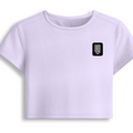 Female Baby Tee | Cropped Fit, Gen Z | 95% Cotton 5% Spandex, DTG | Stretchable, Breathable, Pre-Shrunk | Women | Personalized | DTG | Typographic | Friendship | Everyday | Joyful | Cherished Company - left pocket - Lavender - mockup 3