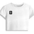 Female Baby Tee | Cropped Fit, Gen Z | 95% Cotton 5% Spandex, DTG | Stretchable, Breathable, Pre-Shrunk | Women | Personalized | DTG | Typographic | Friendship | Everyday | Joyful | Cherished Company - right pocket - White - mockup 4