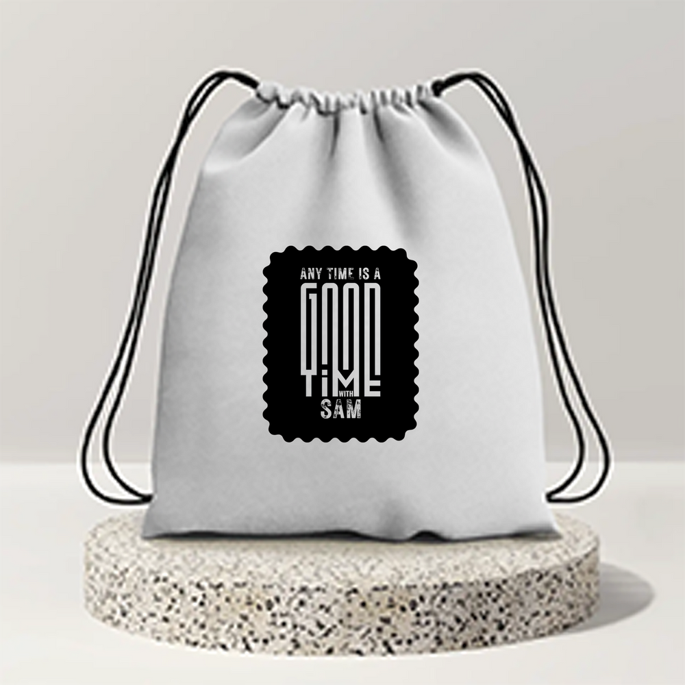 Drawstring Bag | Unisex | 280 GSM Cotton | Sturdy Drawstrings, Heavy-Duty | Printing, Embroidery | Personalized | DTG | Embroidery | Typographic | Friendship | Everyday | Joyful | Cherished Company - front - mockup 1