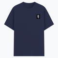 Basic T-Shirt | Unisex Fit XS-2XL | Poly-Cotton Blend Soft Finish | Durable Stitching, Lycra Rib Neck | Adults | Personalized | Typographic | Friendship | Everyday | Joyful | Cherished Company - left pocket - Navy Blue - mockup 3