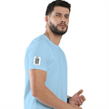 Cotton Stretch T-Shirt | Unisex Fit | 95% Cotton 5% Spandex Blend | Stretchable, Breathable | Adults | Personalized | Minimalist | Trust | Secrets | Everyday | Trusting - Cotton Stretch T-Shirt Puff Black - right sleeve - Baby Blue - mockup 6