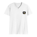 Men's V-Neck T-Shirt | Regular Fit | 180 GSM Bio-Washed Cotton | DTG Print | Durable | Personalized | DTG | Grunge | Positivity | Motivation | Everyday | Uplifting - left pocket - White - mockup 3