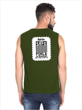 Men's Sleeveless T-Shirt | Regular Fit | 180 GSM Bio-Washed Cotton DTG | Pre-Shrunk, Double Stitched | For Gym & Casual Wear | Personalized | DTG | Minimalist | Trust | Friendship | Friendship Day - back - Olive Green - mockup 2