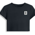 Female Baby Tee | Cropped Snug Fit, Gen Z | 95% Cotton 5% Spandex Blend | Stretchy, Breathable, Pre-shrunk | Women's | Personalized | DTG | Minimalist | Trust | Friendship | Friendship Day - left pocket - Navy Blue - mockup 3