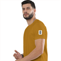 Men's Classic Crew T-Shirt | Regular Fit | 180 GSM Bio-Washed Cotton | DTG Printed | Double-Stitched Seams | Personalized | DTG | Minimalist | Trust | Friendship | Friendship Day - left sleeve - Mustard Yellow - mockup 5