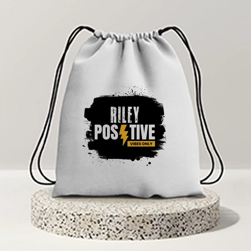 Drawstring Bag | Unisex | 280 GSM Cotton | Sturdy Drawstrings, Heavy-Duty | Printing, Embroidery | Personalized | DTG | Embroidery | Bold | Positivity | Motivation | Everyday | Uplifting | Positive Vibes Only - front - mockup 1