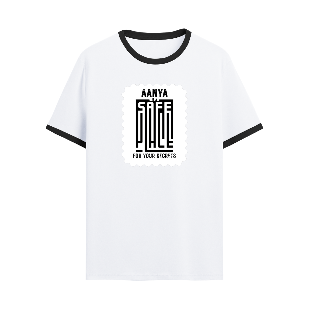 Ringer T-shirt | Unisex | DTG Print | Contrast Trim | Men's, Women's | Personalized | DTG | Typographic | Trust | Secrets | Safe For Your Secrets - front - Black White - mockup 1