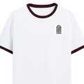 Ringer T-shirt | Unisex | DTG Print | Contrast Trim | Men's, Women's | Personalized | DTG | Typographic | Trust | Secrets | Safe For Your Secrets - left pocket - Maroon off white - mockup 3