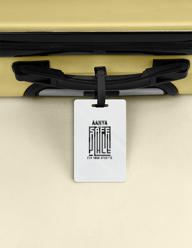 Luggage Tag | Travel Accessory | Acrylic UV Printed Double-Sided | Secure Strap, Glossy, Durable | Unisex | Personalized | Typographic | Trust | Secrets | Safe For Your Secrets - front - White - mockup 1