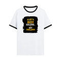 Ringer T-shirt | Unisex | DTG Print | Contrast Trim | Men's, Women's | Personalized | DTG | Typographic | Work Ethic | Success | Everyday | Motivational | Busy Building, Not Complaining - front - Black White - mockup 1