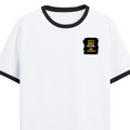 Ringer T-shirt | Unisex | DTG Print | Contrast Trim | Men's, Women's | Personalized | DTG | Typographic | Work Ethic | Success | Everyday | Motivational | Busy Building, Not Complaining - left pocket - Black White - mockup 3