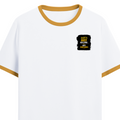 Ringer T-shirt | Unisex | DTG Print | Contrast Trim | Men's, Women's | Personalized | DTG | Typographic | Work Ethic | Success | Everyday | Motivational | Busy Building, Not Complaining - left pocket - Mustard yellow off white - mockup 3