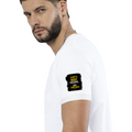 Ringer T-shirt | Unisex | DTG Print | Contrast Trim | Men's, Women's | Personalized | DTG | Typographic | Work Ethic | Success | Everyday | Motivational | Busy Building, Not Complaining - left sleeve - White Black - mockup 5