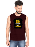Men's Sleeveless T-Shirt | Regular Fit | 180 GSM Bio-Washed Cotton DTG | Pre-Shrunk, Double Stitched | For Gym & Casual Wear | Personalized | DTG | Typographic | Work Ethic | Success | Everyday | Motivational | Busy Building, Not Complaining - front - Maroon - mockup 1