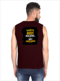 Men's Sleeveless T-Shirt | Regular Fit | 180 GSM Bio-Washed Cotton DTG | Pre-Shrunk, Double Stitched | For Gym & Casual Wear | Personalized | DTG | Typographic | Work Ethic | Success | Everyday | Motivational | Busy Building, Not Complaining - back - Maroon - mockup 2