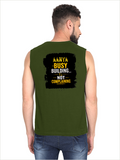 Men's Sleeveless T-Shirt | Regular Fit | 180 GSM Bio-Washed Cotton DTG | Pre-Shrunk, Double Stitched | For Gym & Casual Wear | Personalized | DTG | Typographic | Work Ethic | Success | Everyday | Motivational | Busy Building, Not Complaining - back - Olive Green - mockup 2