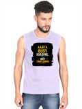 Men's Sleeveless T-Shirt | Regular Fit | 180 GSM Bio-Washed Cotton | Pre-Shrunk, Double Stitched | Men | Personalized | DTF | Typographic | Work Ethic | Success | Everyday | Motivational | Busy Building, Not Complaining - front - Lavender - mockup 1