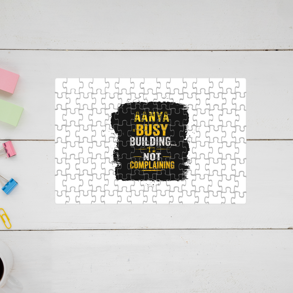 Jigsaw Puzzle | 120 Pieces A4 Size | Recycled Paper Semi-Gloss Finish | Engaging Entertainment Brain Booster | Unisex All Ages | Personalized | Typographic | Work Ethic | Success | Everyday | Motivational | Busy Building, Not Complaining - front - mockup 1