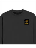 Oversized Sweatshirt | Roomy Relaxed Fit | 400 GSM Cotton Blend | Pre-Shrunk Drop Shoulder | Unisex Adult | Personalized | DTG | Typographic | Work Ethic | Success | Everyday | Motivational | Busy Building, Not Complaining - left pocket - Black - mockup 3