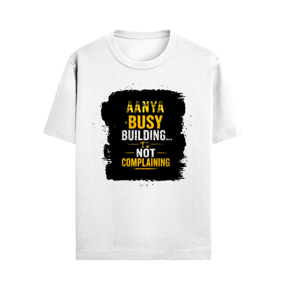 Male Standard Crew T-Shirt | Regular Fit | 100% Cotton DTF Print | Soft, Durable | Men | Personalized | DTF | Typographic | Work Ethic | Success | Everyday | Motivational | Busy Building, Not Complaining - front - White - mockup 1
