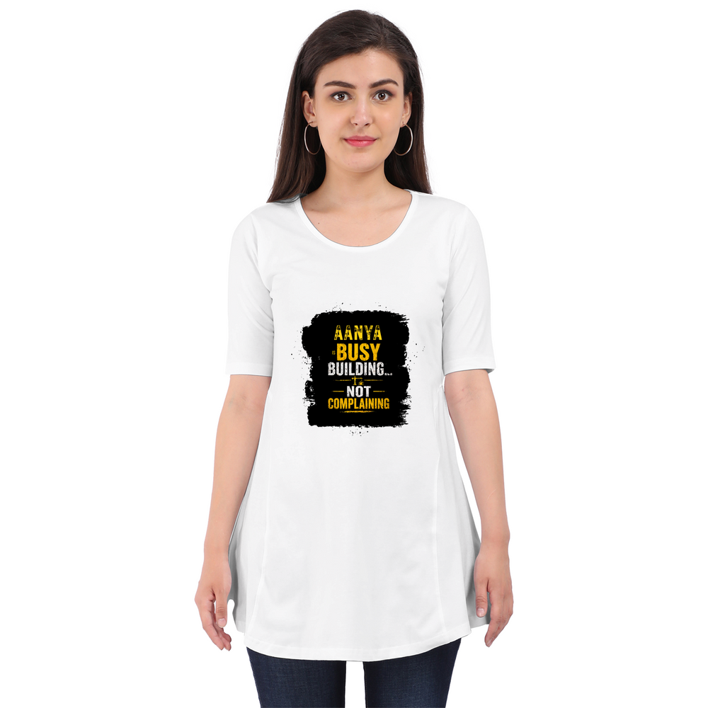 Female Maternity Dress | Regular Fit | DTG Print | Comfortable & Expressive | Unisex | Personalized | DTG | Typographic | Work Ethic | Success | Everyday | Motivational | Busy Building, Not Complaining - front - White - mockup 1