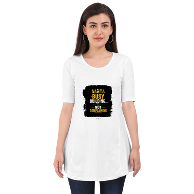 Female Maternity Dress | Regular Fit | DTG Print | Comfortable & Expressive | Unisex | Personalized | DTG | Typographic | Work Ethic | Success | Everyday | Motivational | Busy Building, Not Complaining - front - White - mockup 1
