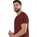 Classic Crew T-Shirt | Men's Regular Fit | 180 GSM Bio-Washed Cotton | DTG Print Ready | Double-Stitched & Ribbed Neck | Personalized | DTG | Typographic | Work Ethic | Success | Everyday | Motivational | Busy Building, Not Complaining - left sleeve - Brick Red - mockup 5
