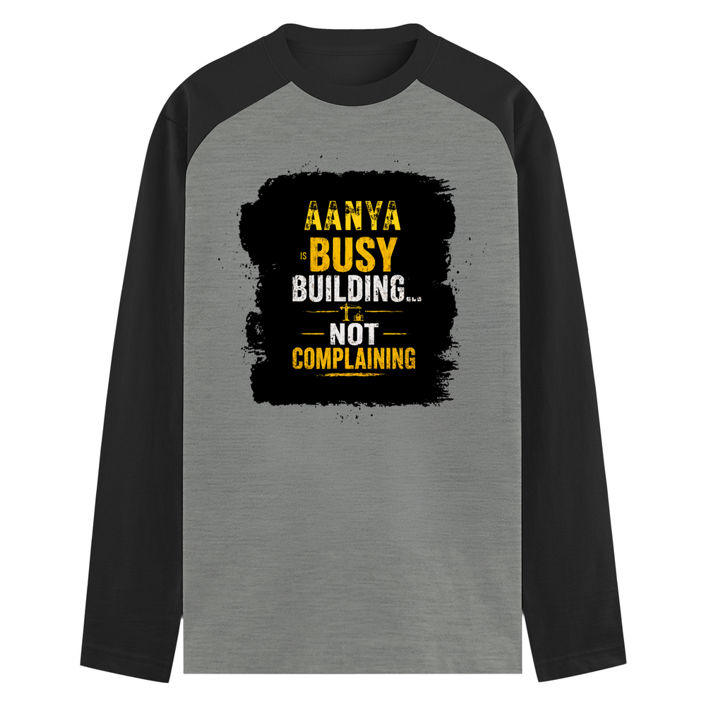 Male Raglan T-Shirt | Regular Fit Men's | 180 GSM Bio-Washed Cotton | DTF Print | Double Stitched Seams | Personalized | DTF | Typographic | Work Ethic | Success | Everyday | Motivational | Busy Building, Not Complaining - front - mockup 1