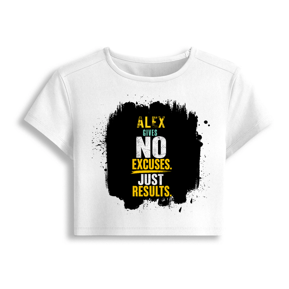 Female Baby Tee | Cropped Fit, Gen Z | 95% Cotton 5% Spandex, DTG | Stretchable, Breathable, Pre-Shrunk | Women | Personalized | DTG | Motivational | Motivation | Success | Daily Motivation | Empowering | Results Over Excuses - front - White - mockup 1