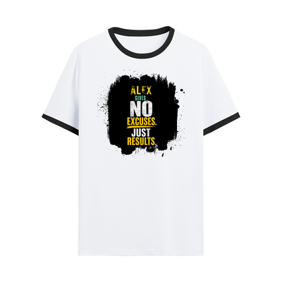 Ringer T-shirt | Unisex | DTG Print | Contrast Trim | Men's, Women's | Personalized | DTG | Motivational | Motivation | Success | Daily Motivation | Empowering | Results Over Excuses - front - Black White - mockup 1