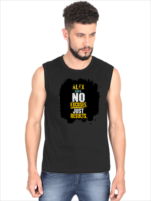 Men's Sleeveless T-Shirt | Regular Fit | 180 GSM Bio-Washed Cotton DTG | Pre-Shrunk, Double Stitched | For Gym & Casual Wear | Personalized | DTG | Motivational | Motivation | Success | Daily Motivation | Empowering | Results Over Excuses - front - Black - mockup 1
