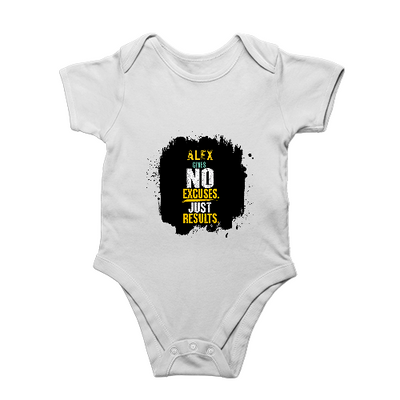 Baby Romper | 0-12 Months Regular Fit | 180 GSM Bio-Washed Cotton Blend | Double Stitched, Pre-Shrunk | Unisex | Personalized | DTF | Motivational | Motivation | Success | Daily Motivation | Empowering | Results Over Excuses - front - White - mockup 1