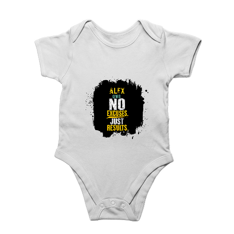Baby Romper | 0-12 Months Regular Fit | 180 GSM Bio-Washed Cotton Blend | Double Stitched, Pre-Shrunk | Unisex | Personalized | DTF | Motivational | Motivation | Success | Daily Motivation | Empowering | Results Over Excuses - front - White - mockup 1