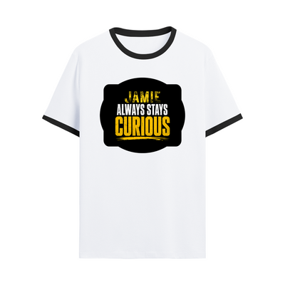 Ringer T-shirt | Unisex | DTG Print | Contrast Trim | Men's, Women's | Personalized | DTG | Bold Typography | Self-improvement | Everyday | Empowering | Always Stay Curious - front - Black White - mockup 1