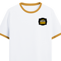 Ringer T-shirt | Unisex | DTG Print | Contrast Trim | Men's, Women's | Personalized | DTG | Bold Typography | Self-improvement | Everyday | Empowering | Always Stay Curious - left pocket - Mustard yellow off white - mockup 3