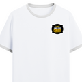 Ringer T-shirt | Unisex | DTG Print | Contrast Trim | Men's, Women's | Personalized | DTG | Bold Typography | Self-improvement | Everyday | Empowering | Always Stay Curious - left pocket - White Black - mockup 3