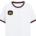 Ringer T-shirt | Unisex | DTG Print | Contrast Trim | Men's, Women's | Personalized | DTG | Bold Typography | Self-improvement | Everyday | Empowering | Always Stay Curious - right pocket - Maroon off white - mockup 4