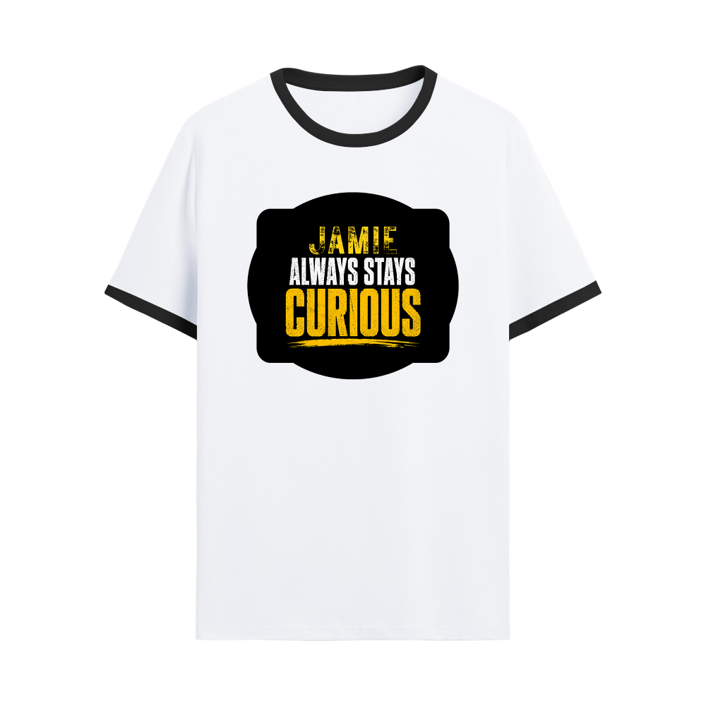 Ringer T-shirt | Unisex Regular Fit | 100% Cotton DTF/DTG | Contrast Rib Neck Bio Washed Pre-Shrunk | Adults | Personalized | DTF | Bold Typography | Self-improvement | Everyday | Empowering | Always Stay Curious - front - Black White - mockup 1