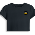 Female Baby Tee | Cropped Fit, Gen Z | 95% Cotton 5% Spandex, DTG | Stretchable, Breathable, Pre-Shrunk | Women | Personalized | DTG | Bold Typography | Self-improvement | Everyday | Empowering | Always Stay Curious - left pocket - Navy Blue - mockup 3