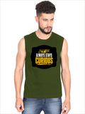 Men's Sleeveless T-Shirt | Regular Fit | 180 GSM Bio-Washed Cotton DTG | Pre-Shrunk, Double Stitched | For Gym & Casual Wear | Personalized | DTG | Bold Typography | Self-improvement | Everyday | Empowering | Always Stay Curious - front - Olive Green - mockup 1