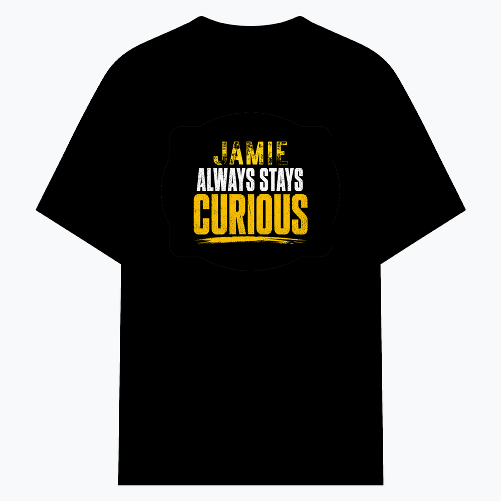 Cotton Stretch T-Shirt | Unisex Adult | 95% Cotton 5% Spandex Blend | 240 GSM, Breathable, Flexible | DTF Print Ready | Personalized | DTF | Bold Typography | Self-improvement | Everyday | Empowering | Always Stay Curious - front - Black - mockup 1