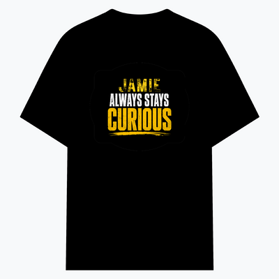 Cotton Stretch T-Shirt | Unisex Adult | 95% Cotton 5% Spandex Blend | 240 GSM, Breathable, Flexible | DTF Print Ready | Personalized | DTF | Bold Typography | Self-improvement | Everyday | Empowering | Always Stay Curious - front - Black - mockup 1
