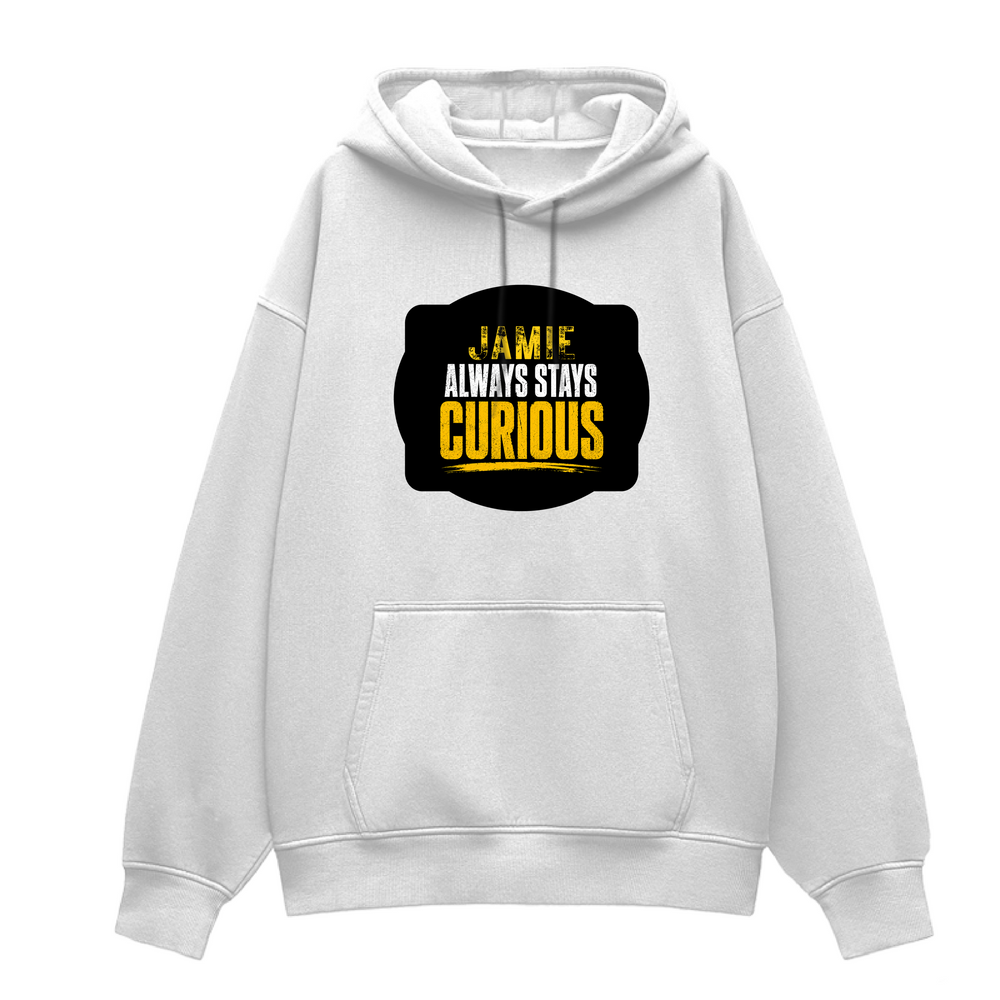 Oversized Hoodie | Unisex Relaxed Fit | 400 GSM Cotton Blend | DTG Printed | Drop Shoulder, Pre-Shrunk | Adults | Personalized | DTG | Bold Typography | Self-improvement | Everyday | Empowering | Always Stay Curious - front - White - mockup 1