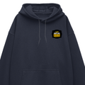 Oversized Hoodie | Unisex Relaxed Fit | 400 GSM Cotton Blend | DTG Printed | Drop Shoulder, Pre-Shrunk | Adults | Personalized | DTG | Bold Typography | Self-improvement | Everyday | Empowering | Always Stay Curious - left pocket - Navy Blue - mockup 3