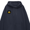 Oversized Hoodie | Unisex Relaxed Fit | 400 GSM Cotton Blend | DTG Printed | Drop Shoulder, Pre-Shrunk | Adults | Personalized | DTG | Bold Typography | Self-improvement | Everyday | Empowering | Always Stay Curious - right pocket - Navy Blue - mockup 4