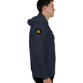 Oversized Hoodie | Unisex Relaxed Fit | 400 GSM Cotton Blend | DTG Printed | Drop Shoulder, Pre-Shrunk | Adults | Personalized | DTG | Bold Typography | Self-improvement | Everyday | Empowering | Always Stay Curious - right sleeve - Navy Blue - mockup 6