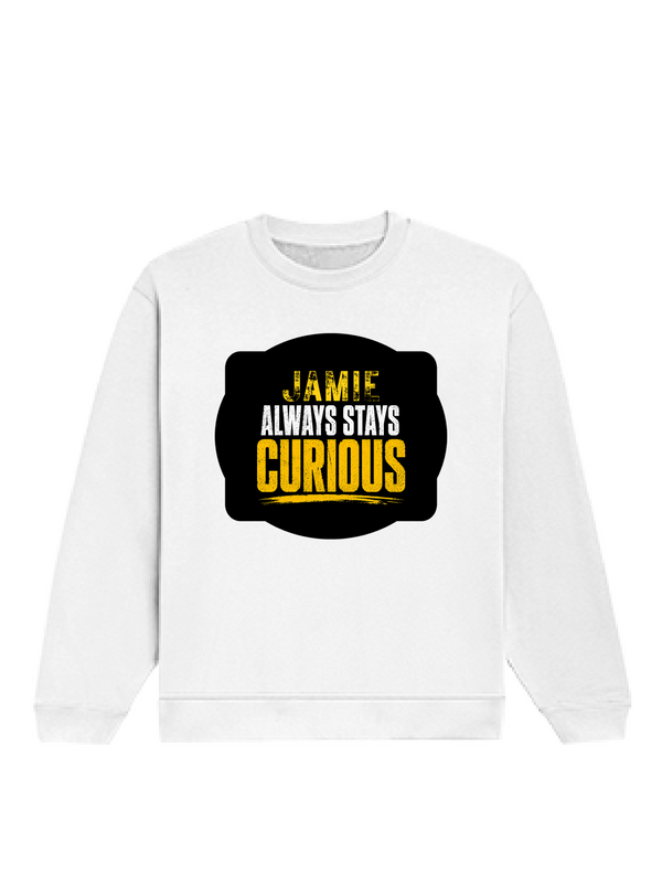 Oversized Sweatshirt | Roomy Relaxed Fit | 400 GSM Cotton Blend | Pre-Shrunk Drop Shoulder | Unisex Adult | Personalized | DTG | Bold Typography | Self-improvement | Everyday | Empowering | Always Stay Curious - front - White - mockup 1